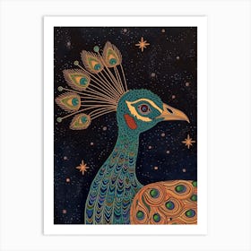 Folky Floral Peacock At Night 4 Art Print