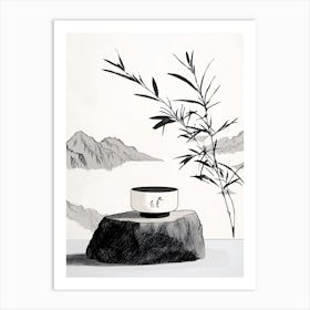 Asian Landscape Black Minimal Ink Art Print