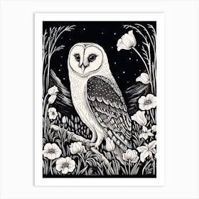 B&W Bird Linocut Barn Owl 3 Art Print