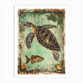 Vintage Scrapbook Sea Turtle With Fish Art Print