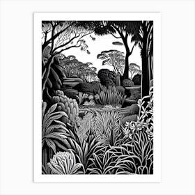 Ballarat Botanical Gardens, 1, Australia Linocut Black And White Vintage Art Print