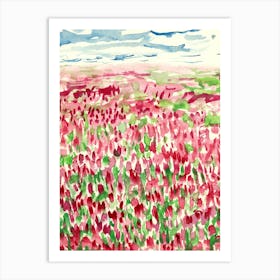 Red Tulips Field watercolor painting abstract flowers landscape hand painted red pink green floral impressionism impressionist Art Print
