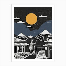 A Quiet Evening Scene With A Sake Vendor Under The Moonlight Ukiyo-E Style Art Print