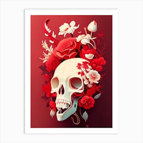 Animal Skull Red Vintage Floral Art Print