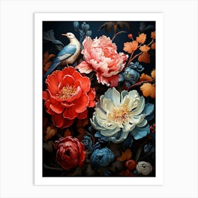 Peonies And Birds 2 Art Print