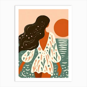 Brunette Woman At The Beach illustration - Into The Water I Go Art Print