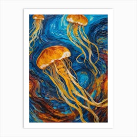 Yellow Jellyfish In Blue Ocean Art Print