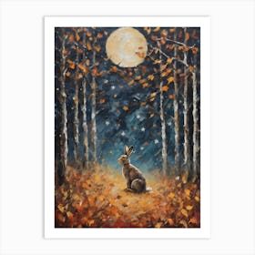 Cottagecore Hare in Autumn Forest - Acrylic Paint Little Fall Rabbit Bunny Bunnies Art with Falling Leaves at Night on a Full Moon, Perfect for Witchcore Cottage Core Pagan Tarot Celestial Zodiac Gallery Feature Wall Beautiful Woodland Creatures Series HD Art Print