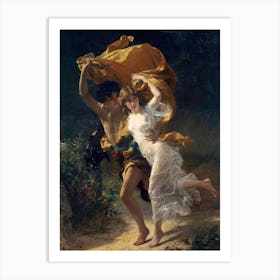 The Storm - The Tempest 1880 by Pierre Auguste Cot "The Storm" (La Tempête) by Pierre-Auguste Cot (French, 1837–1883) is a celebrated masterpiece of Academic Classicism, painted in 1880. Now housed at the Metropolitan Museum of Art in New York City, this oil-on-canvas work depicts a young couple racing through a storm, shielded by a billowing fabric. Its narrative remains open to interpretation, with influences possibly drawn from Paul et Virginie or Daphnis and Chloe. Commissioned by art patron Catharine Lorillard Wolfe, the painting debuted at the 1880 Salon to great acclaim. Its romantic energy, dynamic composition, and universal appeal made it a cultural touchstone, widely reproduced and cherished. Today, it remains a timeless symbol of youthful passion and love, often associated with modern Valentine's Day celebrations for its enduring romantic allure. Art Print