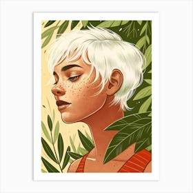 Girl with Freckles, White Short Hair and Nature Leaves Art Print