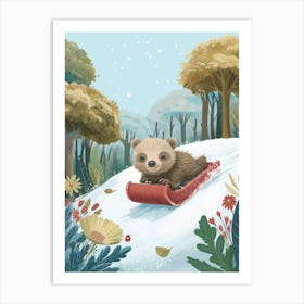 Sloth Bear Cub Sledding Down A Snowy Hill Storybook Illustration 4 Art Print