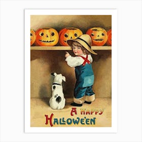 Happy Halloween, Little Boy Is Choosing The Best Pumpkin From A Shelf Art Print