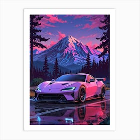 Pink Sports Car In Front Of Mountains Art Print