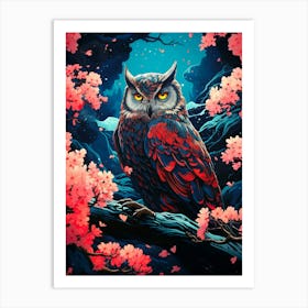 Owl In Cherry Blossoms 1 Art Print