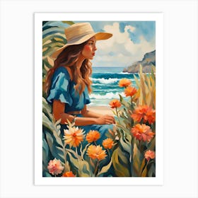 Bohemian Woman by the Ocean Orange Flowers Art Print