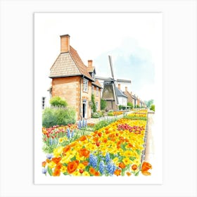 Watercolor Of A Windmill And Flowers Art Print