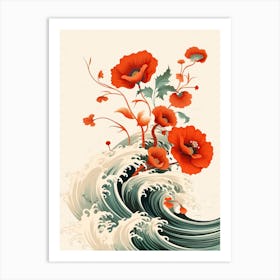 Great Wave With Poppy Flower Drawing In The Style Of Ukiyo E 1 Art Print