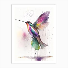 Hummingbird In Rain Cute Neon Art Print