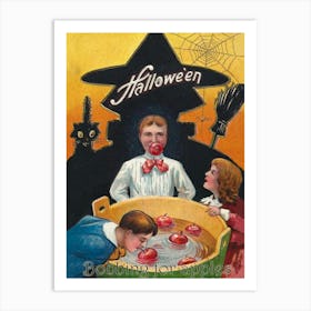 Group Of Young People Bobbing For Apples And A Shadow Of A Big Witch Behind Them Art Print