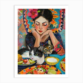 Portrait Of A Woman With Cats Eating Tacos 3 Art Print