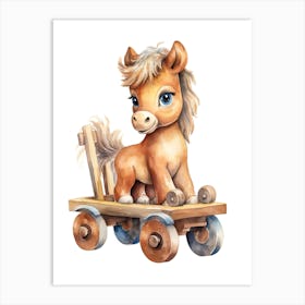 Pony On A Toy Car, Watercolour Nursery 2 Art Print