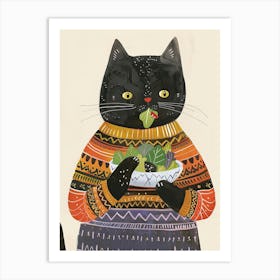 Black Cat Eating Salad Folk Illustration 4 Art Print