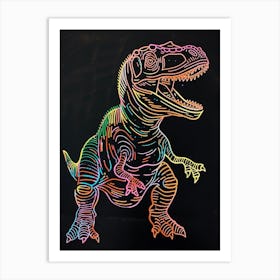 Neon Rainbow Dinosaur Line Illustration With Black Background 1 Art Print