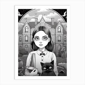 Nevermore Academy With Wednesday Addams And A Cat Line Art 2 Fan Art Art Print