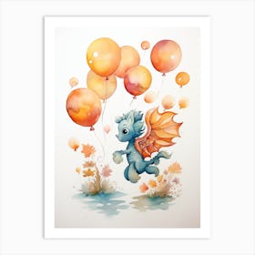 Seahorse Flying With Autumn Fall Pumpkins And Balloons Watercolour Nursery 4 Art Print