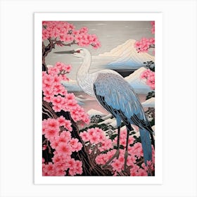 Pink Blossoms And Crane 2 Vintage Japanese Botanical Art Print