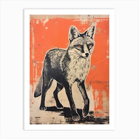Gray Fox, Woodblock Animal Drawing 1 Art Print