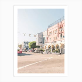 Los Angeles, USA I Venice sign at sunrise at Venice beach in pastel pink summer colors aesthetic photography with West coast Pacific coastal seaside architecture and a boho vibes retro vintage ambience Art Print