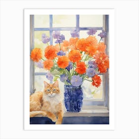 Cat With Anemone Flowers Watercolor Mothers Day Valentines 1 Art Print