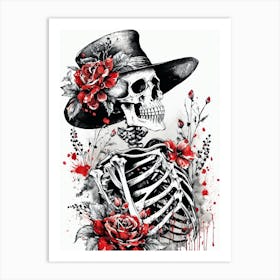 Floral Skeleton With Hat Ink Painting (98) Art Print
