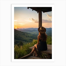 Woman Exuding A Sense Of Freedom While Sitting On A Wooden Porch Overlooking A Vast Hill And Sky Th (2) Art Print