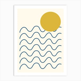 Minimalist Abstract Geometric Ocean Waves and Yellow Sun Art Print