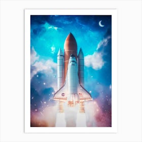 Rocket Launch Crescent Moon Art Print