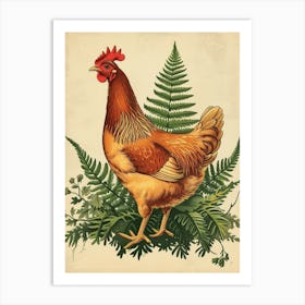 Vintage Illustration Hen And Chicken Fern 4 Art Print