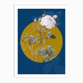 Vintage Botanical White Provence Rose on Circle Yellow on Blue Art Print