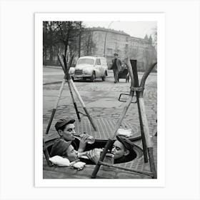 Workers Having Lunch Break In Manhole Art Print