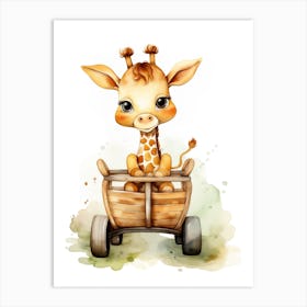 Baby Giraffe On Toy Car, Watercolour Nursery 0 Art Print