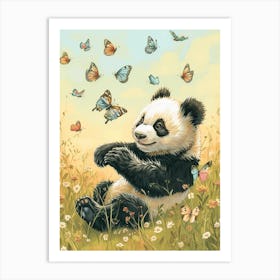 Giant Panda Cub Playing With Butterflies Storybook Illustration 4 Art Print