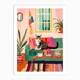 Cat On A Sofa In Boho Living Room Painting Animal Lovers Art Print
