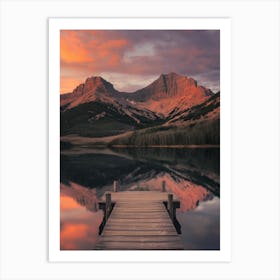 Serenity at Dusk A serene scene of a mountain landscape at sunset, with a wooden pier stretching over a tranquil lake and the warm glow of the sky reflected in the water.
Ideal for a bedroom or study, bringing a sense of peace and inspiration. Art Print