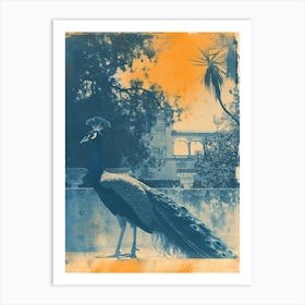 Orange & Blue Peacock With Palace In The Background 3 Art Print