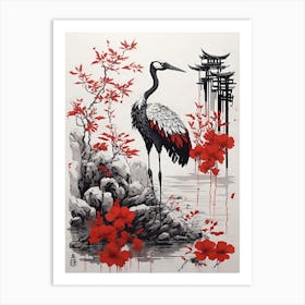 Crane In Red Flowers Art Print