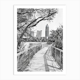Lady Bird Lake And The Boardwalk Austin Texas Black And White Drawing 3 Art Print