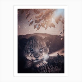 Cute Baby Lion On A Tree Stump 1 Art Print