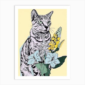 Cute Egyptian Mau Cat With Flowers Illustration 4 Art Print