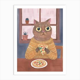 Brown Cat Pizza Lover Folk Illustration 3 Art Print